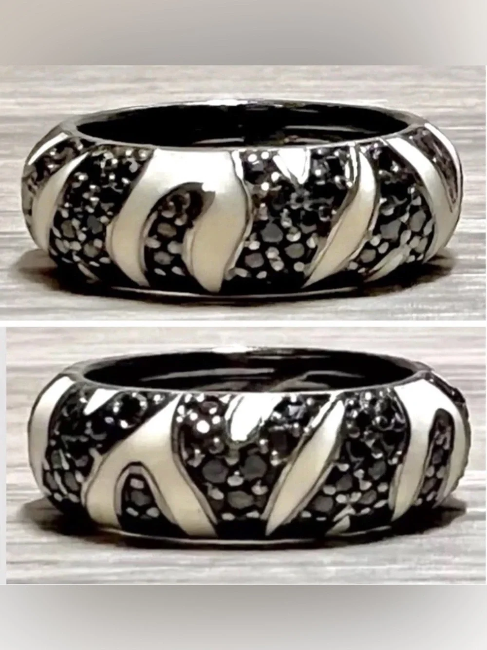 Designer Hidalgo Sterling Silver & White Enamel Black Pave CZ Band Ring, Size 5